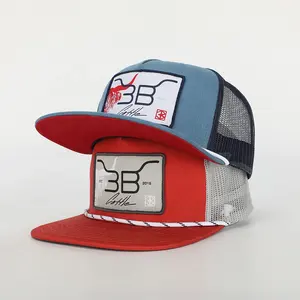 BSCI Atacado Personalizado Bordado Logotipo Alta Qualidade 5 Painel Flat Brim Hat Azul Algodão Trucker Gorras Oem Corda Snapback Cap