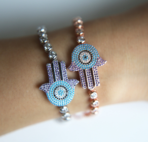 <span class=keywords><strong>Hamsa</strong></span> con tachuelas de diamantes de imitación con mal de ojo de la suerte pulsera de cordón chapada en oro - Product Image 6