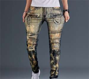 سروال جينز دينم للرجال, سروال جينز دينم للرجال بتصميم عتيق قصة مستقيمة ذو طيات بخياطة للرجال ، سروال جينز ممزق بتصميم الشارع - Product Image 2