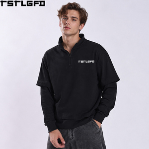 Custom <b>Quarter</b> <b>Zip</b> Faux Layer <b>Sweatshirt</b> Men Black Mock Neck Graphic Print Streetwear Wholesale Bulk - Product Image 1