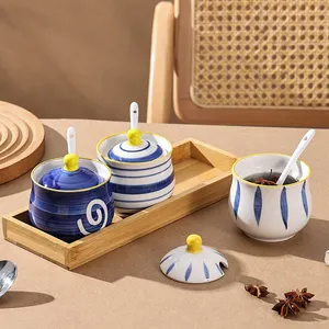 6.7oz Japanese Ceramic Seasoning Jar Seasoning Bottle Spice Pot Set with Bamboo Tray