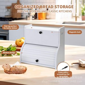 Modern Wooden Bread Box Double Layer <b>Storage</b> <b>Container</b> For <b>Kitchen</b> Countertop White Color Solid Design - Product Image 3