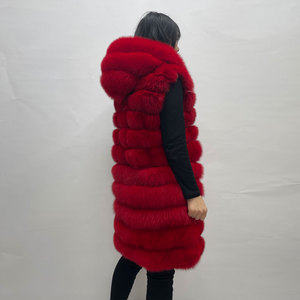 Personalizable Color y Tamaño Largo Con Capucha Rayas Rojo Real Fox <span class=keywords><strong>Fur</strong></span> Chaleco Invierno Grueso Cálido Chaleco de Piel de Mujer - Product Image 4
