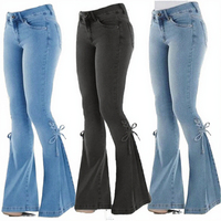 Grosir Celana Jeans Wanita Sehe Fashion, Model Flare, Warna Light Wash, Kasual, Pinggang Sedang, Tali Ikat, Bahan Denim Stretch, Bernapas