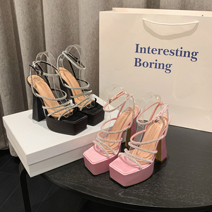 2024 Hot Sale Sexy Rhinestone Thin Belt Thick Heel Waterproof Platform Model Catwalk Night High Heel <b>Sandals</b> - Product Image 5
