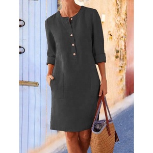 Estate a buon mercato delle signore della spiaggia Casual in bianco lungo delle donne vestono le ragazze del bottone su su su un costume lungo di <span class=keywords><strong>lino</strong></span> vestiti per le donne - Product Image 3