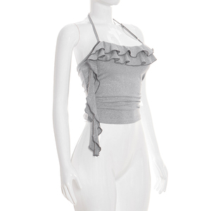 เสื้อกล้ามครอป Viviblook รุ่น C26TP052 สำหรับฤดูร้อน ดีไซน์ใหม่สำหรับผู้หญิง สีพื้น แต่งระบายขอบ ทรงเข้ารูป สั้นแบบผูกคอ - Product Image 3