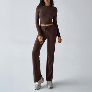 Özel LOGO Y2K kadınlar gündelik spor giyim 2 parça Set Slim Fit uzun kollu kırpma üst İpli pantolon katı eğlence takım elbise - Product Image 4