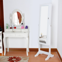 Miroir à angle plat pour armoire à bijoux, en bois MDF, miroir pleine longueur avec boîte de rangement, blanc noir, avec éclairage LED