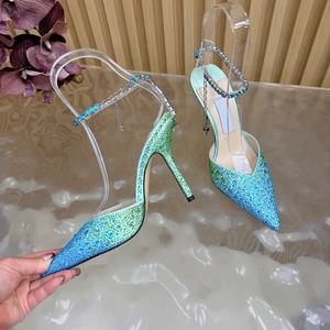 Luxury <b>point</b> <b>toe</b> Gradient blue rhinestone stiletto heels for women summer dress shoes party shoes high heels for ladies - Product Image 5