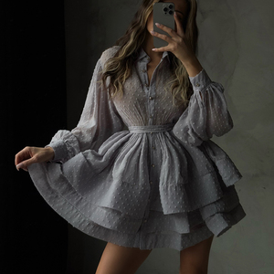 Abito Corto da Donna <span class=keywords><strong>in</strong></span> Chiffon Rosso con Cintura e Bottoni, a Maniche Lunghe Stratificate, per Feste Estive - Collezione 2026 - Product Image 3