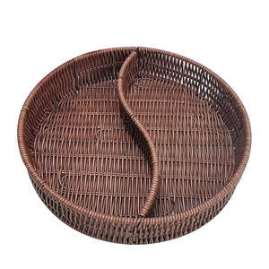 Round Divided Rattan Tray For Home <b>Storage</b> Fruit Snack Living Room Tabletop Handmade - Product Image 4
