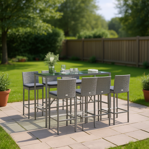 Conjunto de Bar de Ratán Gris con Estructura de Acero con Recubrimiento en Polvo, Muebles de Bar Rectangulares Contemporáneos para Jardín Exterior, Diseño Moderno y Duradero - Product Image 2