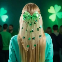 Accessoire pour cheveux de la Saint-Patrick pour femme, en tissu maillé vert à imprimé trèfle, avec pince à cheveux longue en forme de nœud