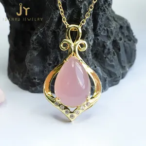 Water Drop Gemstones Pendants Teardrop Fashion Jewelry Agate Pendants Rose Pink Chalcedony Stainless steel Pendants