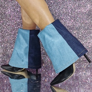 Large Size 47 Denim Patchwork Folded Short <b>Boots</b> Thin High Heels Pointed Toe Overlay Ankle Booties Women's Trend Shoes - Product Image 1