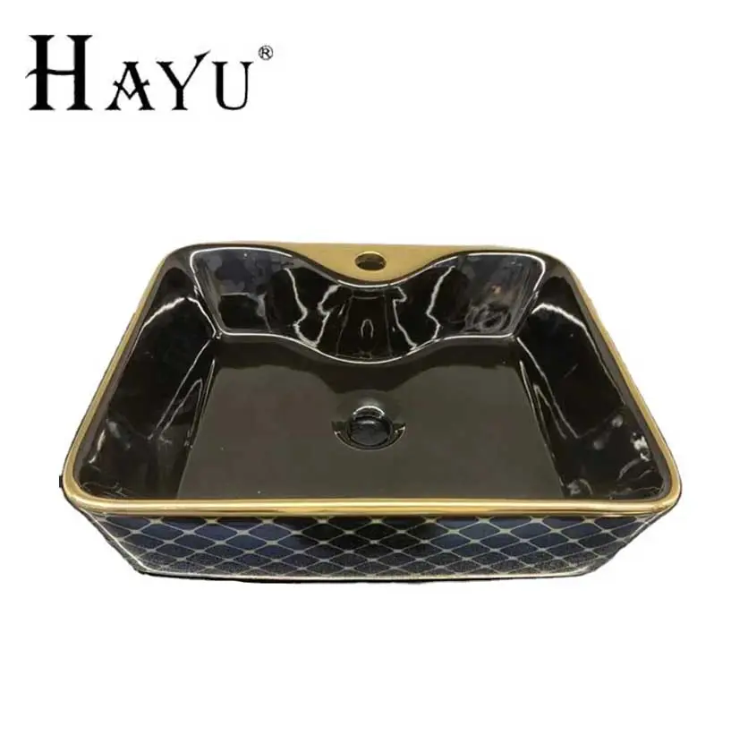 Wholesale Price Rectangle Golden Ceramic Flower Bathroom Sink Lavador Pulsobak Black Gold Plated Wash Hand Basin