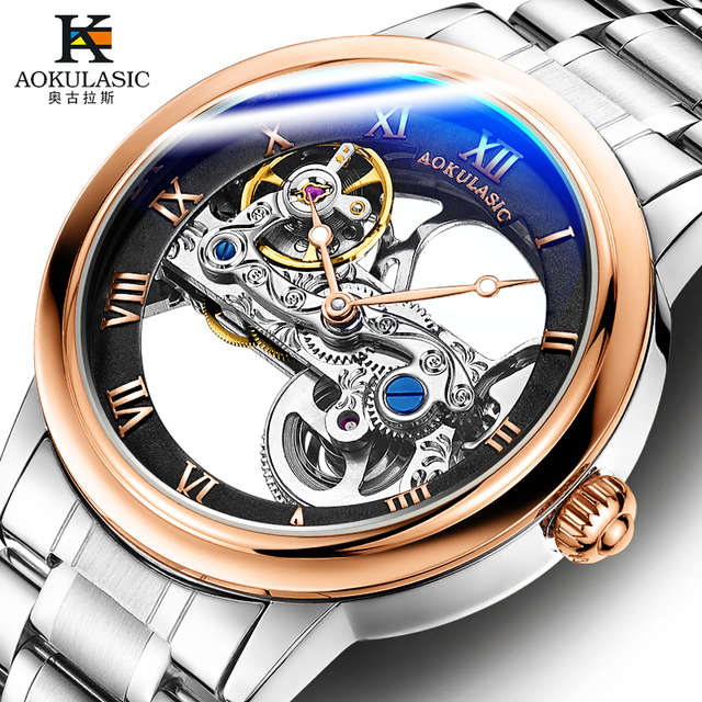 AOKULASIC 5003 Luxury Brand Top Grade Men Watches Tourbillon Automatic Self Wind Male Business Stainless Steel Mechanical Watch