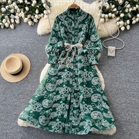 Robe longue décontractée pour femme, coupe trapèze, broderie cachemire, manches longues, col montant, ceinture, pour le quotidien