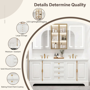 Meuble-lavabo de luxe rétro français - Double vasque en bois massif avec armoire miroir, plan de travail en pierre intégré avec vasque en céramique - Product Image 3