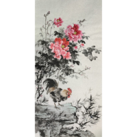 Peinture chinoise Lingfeng, pivoine et coq peints à la main, sur papier Xuan écologique, disponible sans cadre/en rouleau, motif oriental porte-bonheur pour mur