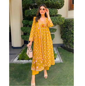 Ensemble Kurta en coton jaune moutarde à imprimé floral avec dupatta pour femme, séchage rapide, sans plis, tenue ethnique festive - Product Image 3