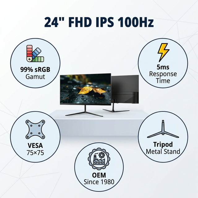 23.8" FHD IPS 100Hz Monitor, 1920*1080, 99% SRGB 5ms VESA 75*75, Tripod Metal Stand, Office Home OEM Bulk