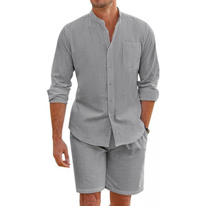 Ensemble décontracté 2 pièces pour homme : chemise à manches longues boutonnée en coton et lin confortable + short – Idéal pour la plage - Product Image 3