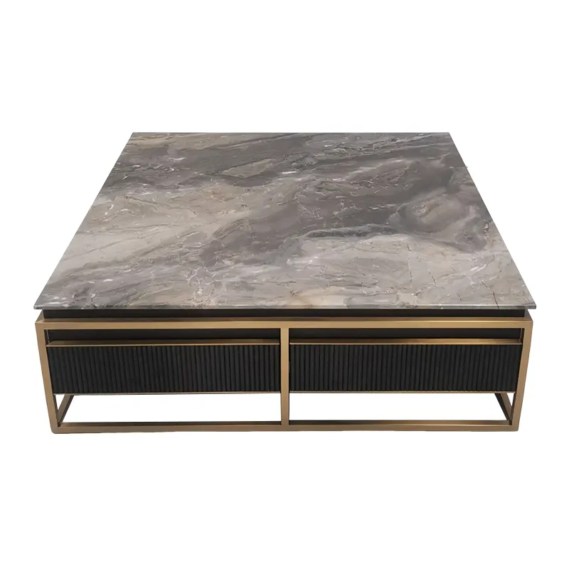 Golden Square Elegance: Luxury Marble Coffee Table for Living Room Dining  Stone-Inspired Design