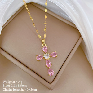 Collar de Moda Cristiano con Colgante de Cruz en Cadena O de Acero Inoxidable Chapado en Oro de 18K con Circonitas Cúbicas Coloridas <span class=keywords><strong>para</strong></span> Mujer - Product Image 1