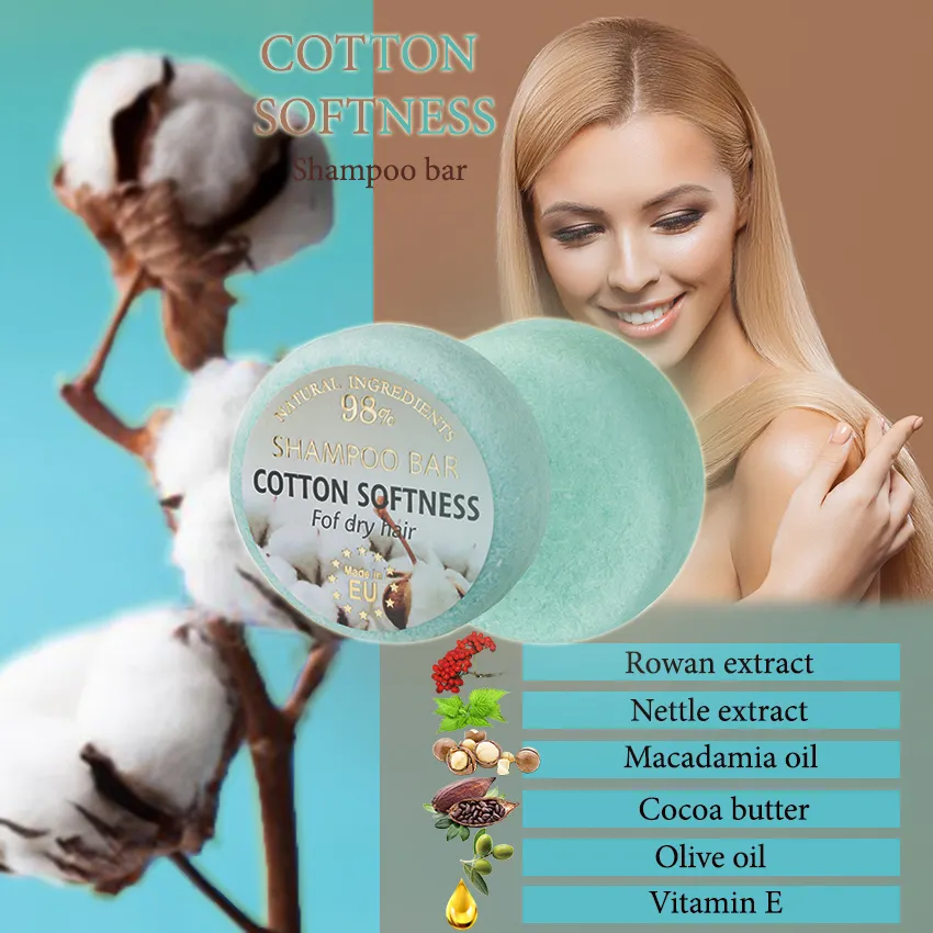 Private Label OEM ODM Solid Shampoo Bar Cotton Softness 60g Wholesale 100% Handmade Hair Soap High Quality European Manufacturer