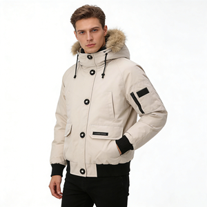 Parka à capuche épaisse en polaire beige et noire avec col en fourrure, style européen et américain, manteau court chaud pour homme - Product Image 3