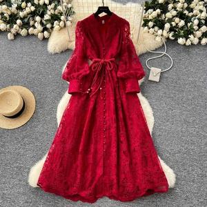 Vestido Midi de Mujer con Cuello V Romano Vintage, Tejido Sólido Ecológico, Transpirable, Corte A, Manga Linterna, Estilo Túnica Casual, Colección Primavera 2025 - Product Image 4