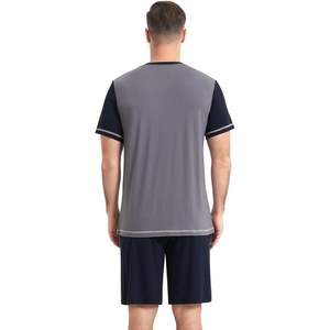 Pijamas para hombre de manga corta con cuello en V, ropa de dormir con pantalones cortos, conjunto de ropa de estar transpirable de algodón tejido y fibra de bambú. - Product Image 3