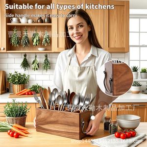 New solid wood five-compartment <b>kitchen</b> cutlery storage box with handle and compartments for organizing cutlery. - Product Image 3
