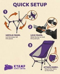 Chaise de camping pliable à dossier haut, chaise de pique-nique portable en métal avec sac de transport pour le camping, les voyages, la plage et la randonnée - Product Image 5
