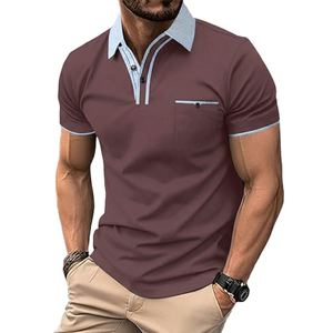 Camisas de Golf de Manga Corta de Algodón Negro para Hombre, Cuello Azul Claro, Logotipo Frontal, Bolsillo, Tejido Casual, Color Sólido, Transpirable, 160g - Product Image 1