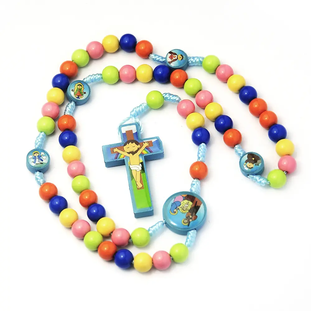 Significativo Oração Batismo Jóias Desenhos Animados Coloridos Beads Colar Handmade Tecelagem Cruz Rosário Colar para Criança
