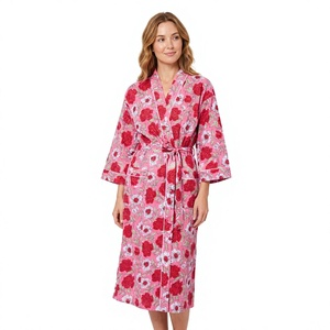 Peignoir Kimono Bohème 100% Coton à Imprimé Floral, Élégant, d'Été, Fait Main, avec Ceinture sur le Devant, Respirant, Super Doux, Sensation Soie - Product Image 1