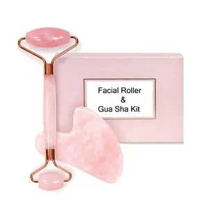 Gua sha-Rodillo de jade facial de cuarzo rosa, conjunto de Piedra Rosa de regalo, venta al por mayor, nuevo diseño