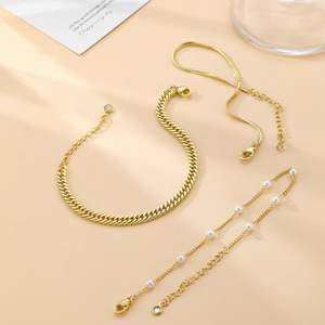 Bán buôn đồ trang sức bằng đồng thau Vòng đeo tay thiết lập ba lớp Cuba + phẳng + rắn + Ngọc Trai Chuỗi liên kết Vòng đeo tay thiết lập - Product Image 5