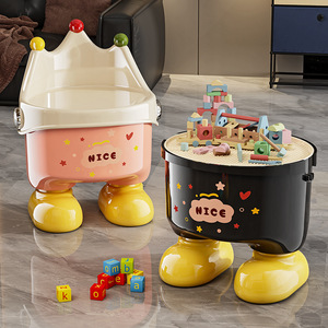 Crown Storage <b>Stool</b> For Kids With Lid Large Capacity Toy Organizer Pink Black Yellow <b>Plastic</b> Seat For Babies 1-2 Years - Product Image 1