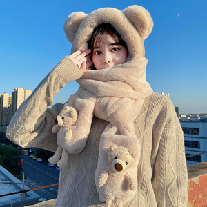 Cute Winter Fur Hat Gloves Hooded Scarf Set For Women Three Piece Neck Warmer Fresh Sweet Style - Product Image 1