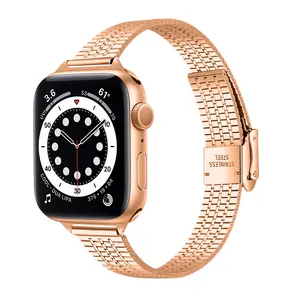 สายรัดข้อมือสแตนเลสทรงสลิม,สายนาฬิกาข้อมือโลหะหรูหราสำหรับ Apple Watch Series 8 7 6 SE 5 4 3 Seven Beads