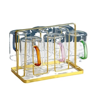 Tazas de vidrio resistentes al calor con asas, juego de 6 piezas, tazas transparentes de colores para beber té con soporte dorado para fiestas - Product Image 3