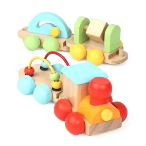 Educational Montessori Stacking Geometry Blocks Mini Wooden Animal Train Combination Car Toy Set For Children