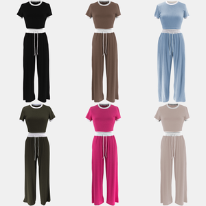 Conjunto de Roupas Femininas de Primavera M3152, Composto por Camiseta de Manga Curta com Decote Redondo e Calça, Estilo Patchwork - Product Image 4