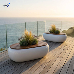 Modern Oval Patio <b>Bench</b> With Planters Teak Top Outdoor Furniture For Courtyard Contemporary Design Durable Seating for ProJect - Product Image 2
