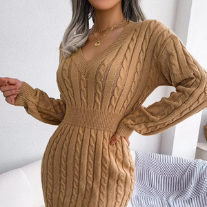 Nueva moda Otoño Simple cálido tejido manga larga Casual cuello pico Midi Slim Fit pulóver suéter vestido para la venta - Product Image 1