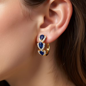 Orecchini E3755 placcati oro con diamanti e gemma blu taglio a pera per donna, gioielli di lusso per feste - Product Image 2